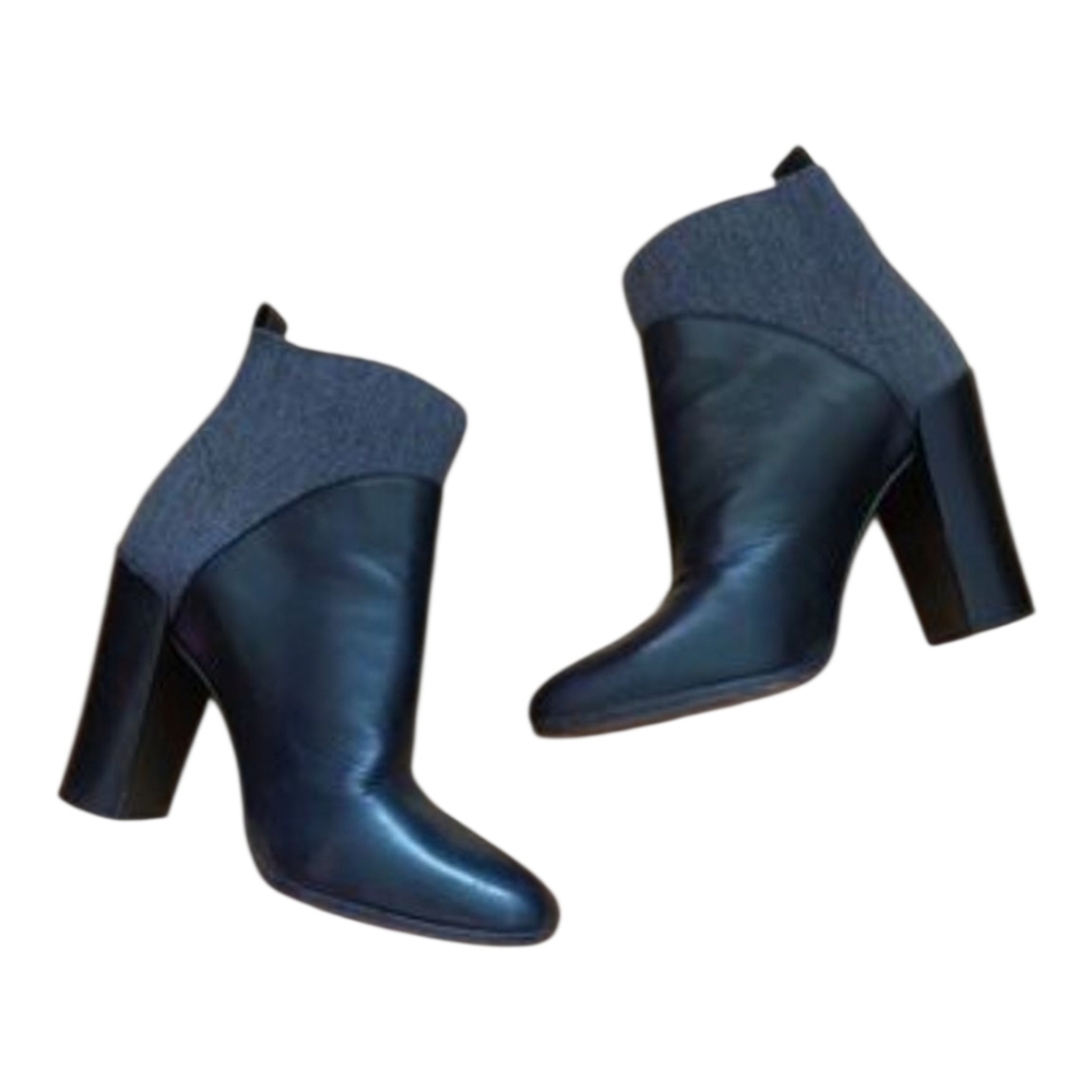 Vince Emerson Contrast Bootie Mixed Media Wool Leather Heel Boots Black Grey - Picture 4 of 5